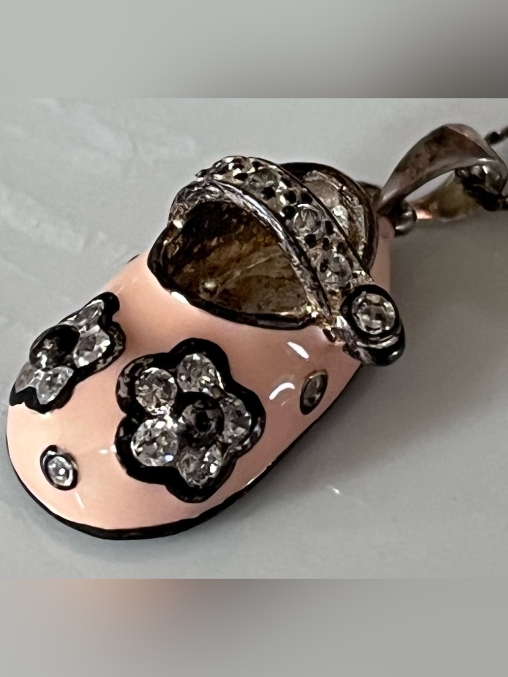 Pink Enamel Crystal Flower Baby Girl Shoe Pendant w Sterling Silver Necklace